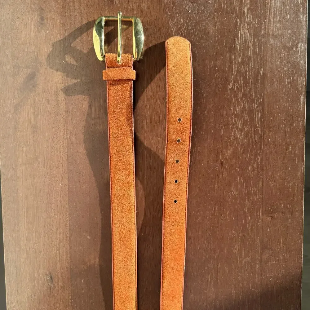 Genuine Leather Suede Belt Cognac Brown Gold Tone Buckle Size 34 Unisex Classic